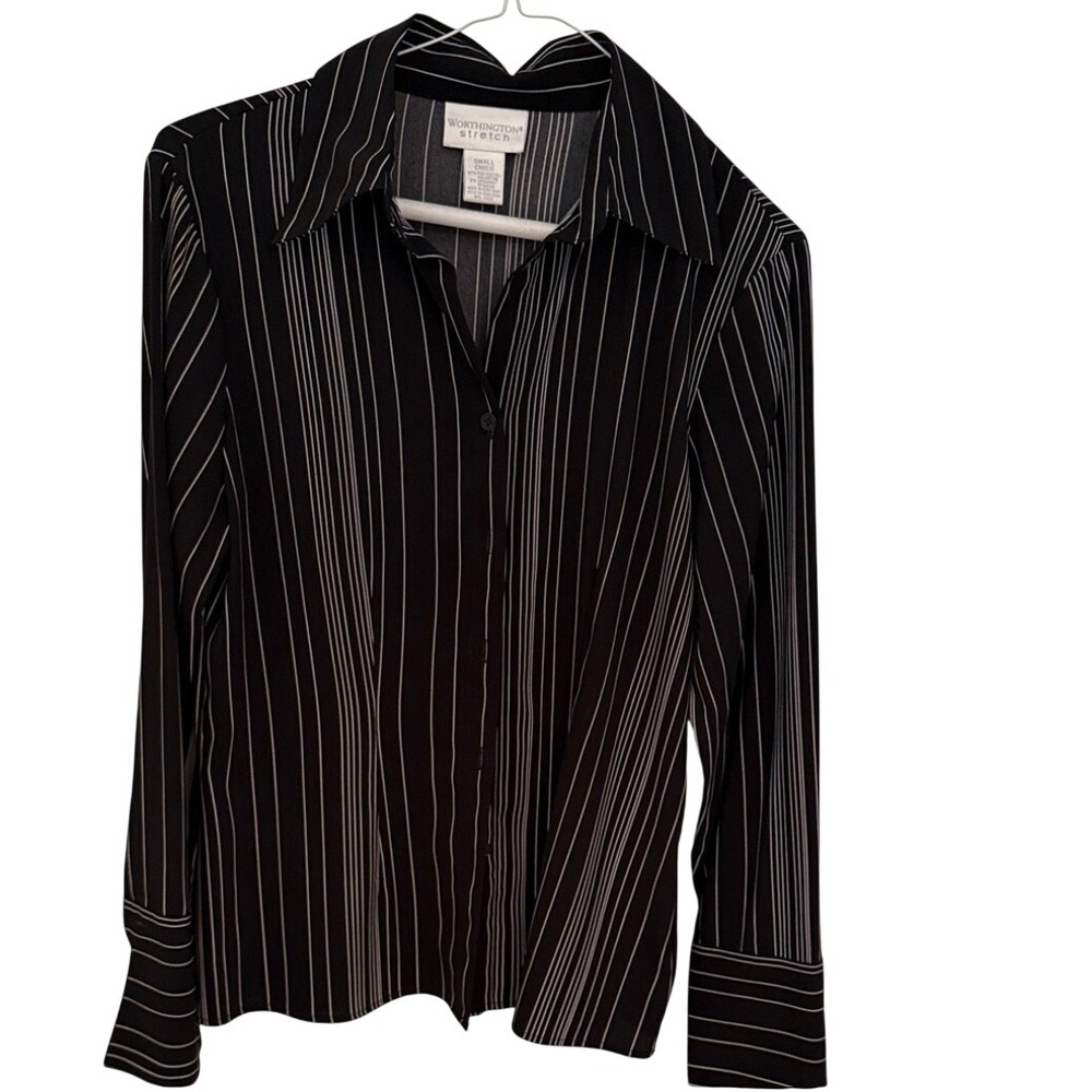 Worthington‎ Stretch Womens Small Black White Pinstripe Button Down Blouse Shirt